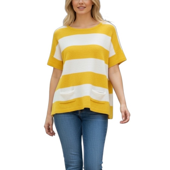 Madewell Oversized Wool Blend Boxy Knit Sweater Yellow white Stripe Size Medium - Picture 1 of 11